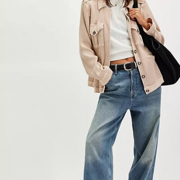 Free People FP One Logan Jacket Tan Buttondown Pocket Top M & S - Picture 1 of 4